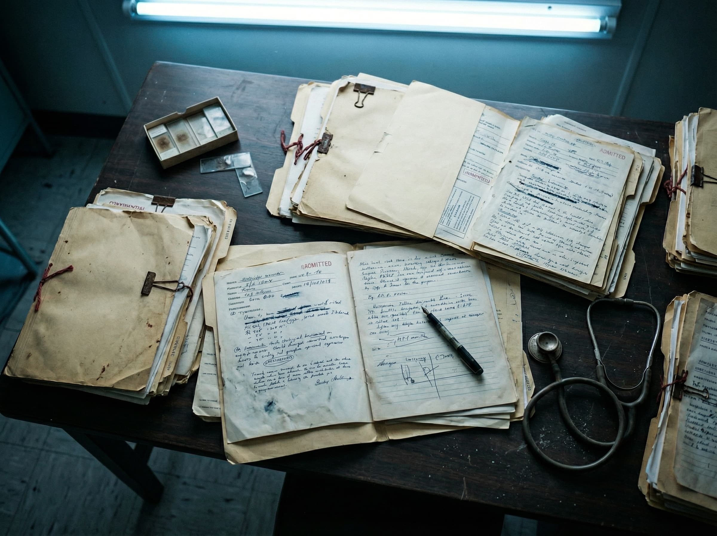 Prontuários médicos antigos espalhados sobre uma mesa hospitalar escura com iluminação clínica dramática