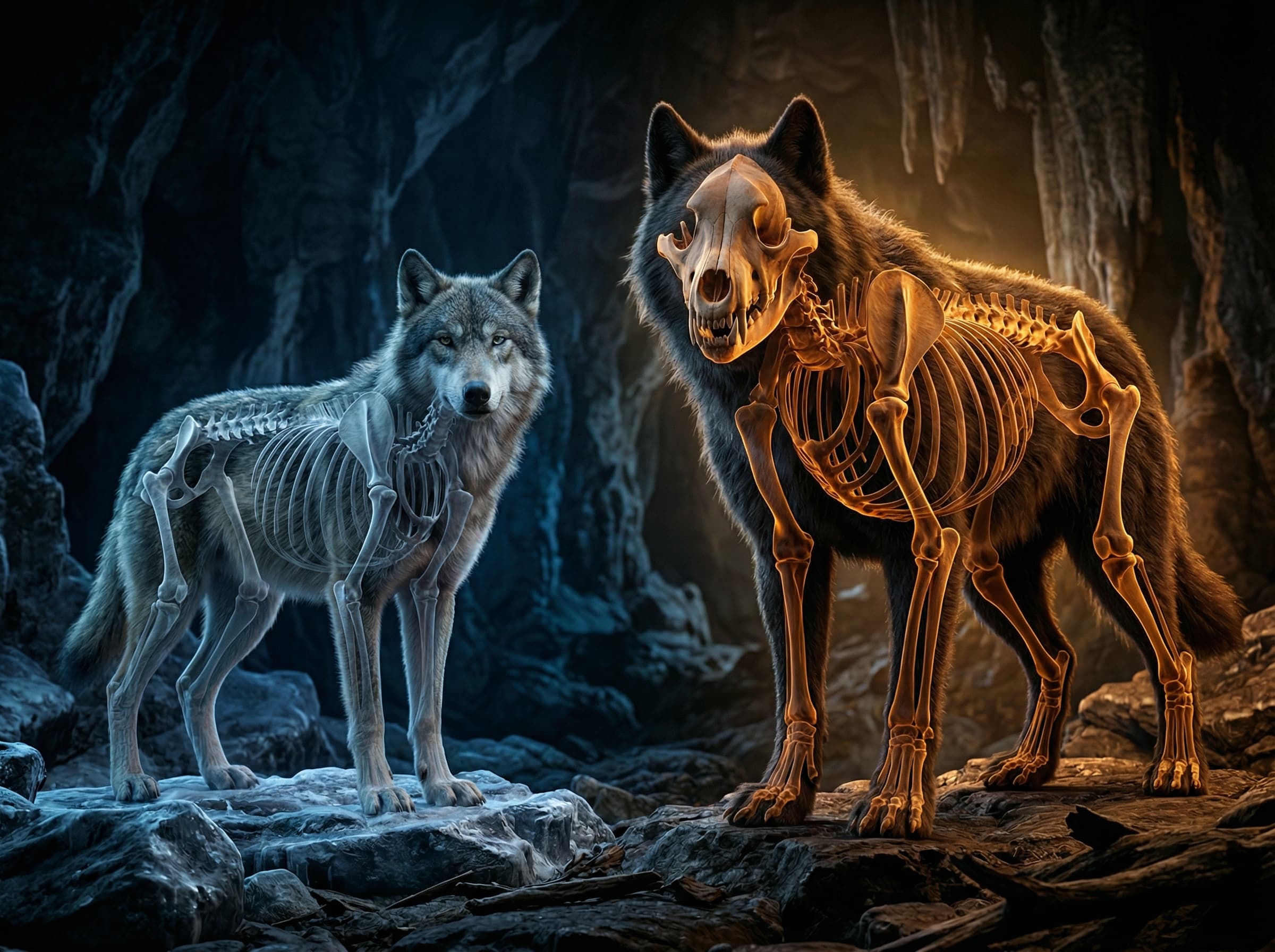 Comparação entre o lobo-terrível (Aenocyon dirus) e o lobo cinza moderno — tamanho, crânio e estrutura corporal