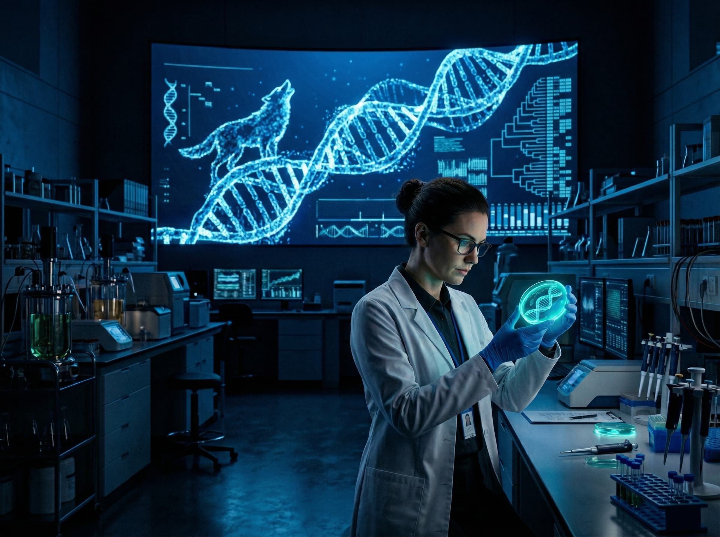 Laboratório da Colossal Biosciences — edição genética para recuperar traços do lobo-terrível extinto