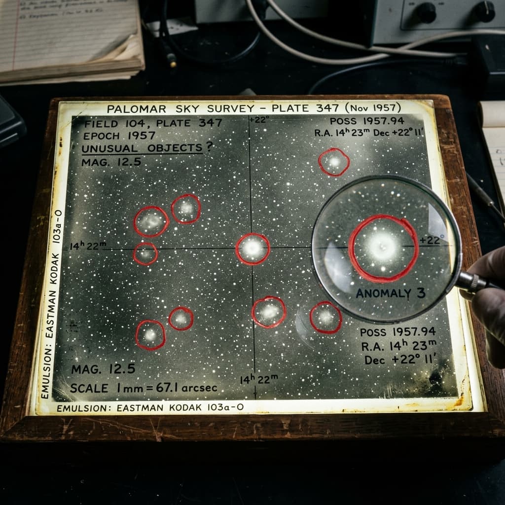 Placa fotográfica astronômica dos anos 1950 com círculos vermelhos ao redor de anomalias luminosas